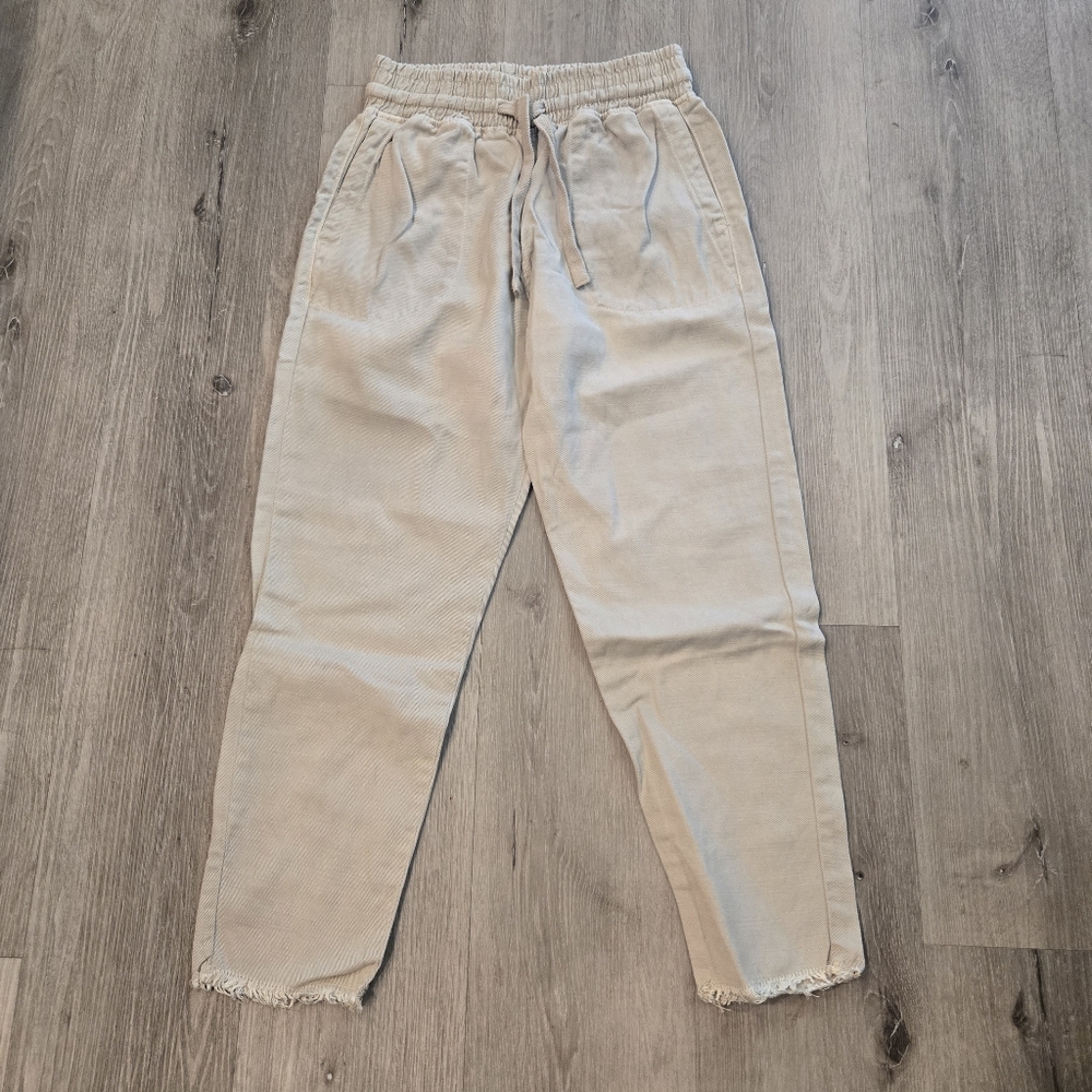 Zara Drawstring Jogger Denim Pants Chewed Hem Size XS